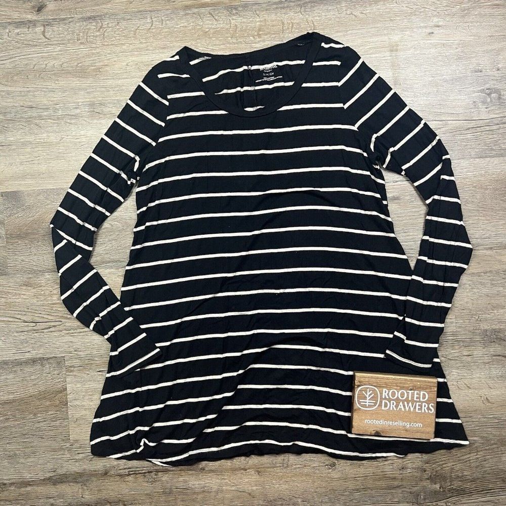 Motherhood Maternity Blouse Tunic Striped Shirt Black White Pullover Relaxed Fit